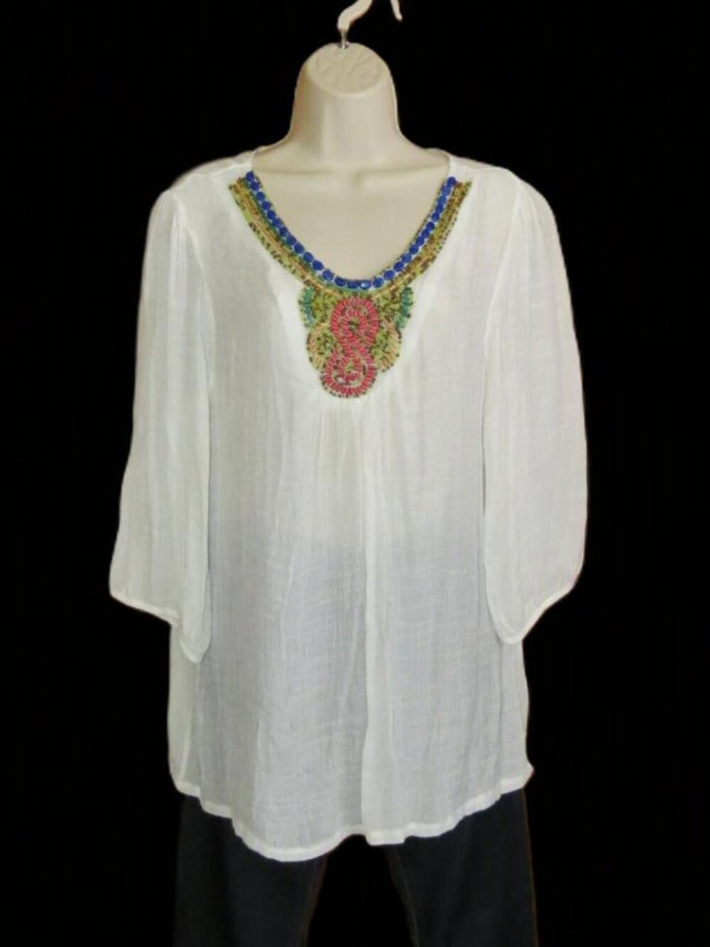 IRE White Gauze Top 3/4 Sleeve V-Neck Beading Sheer Size 2X